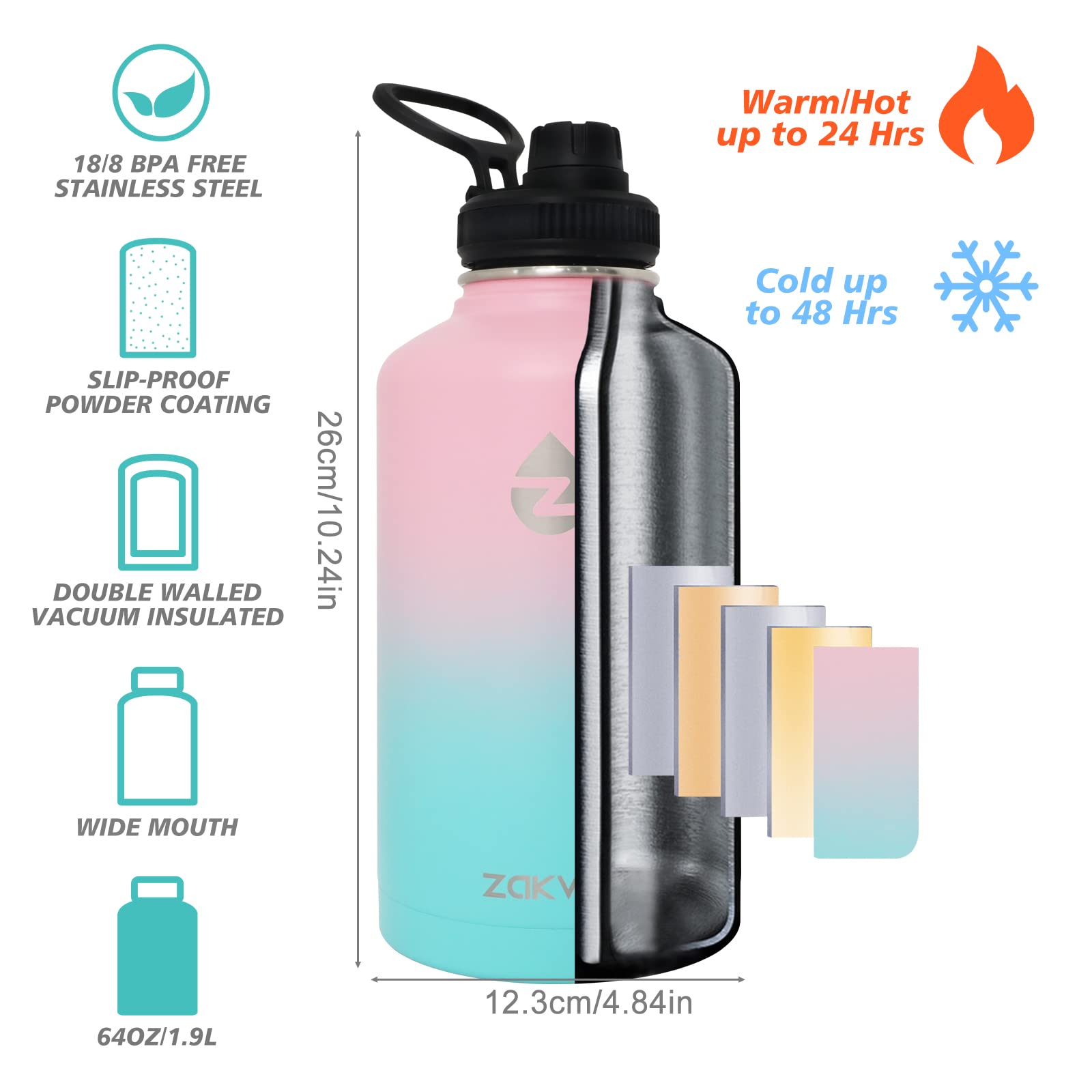 ZAKVOP 64 oz Insulated Water Bottle with Straws&3 Lids  Half Gallon Water Bottle Stainless Steel Double Walled  Big Water Jug with Paracord Handle  Large Metal Water Bottle for Gym